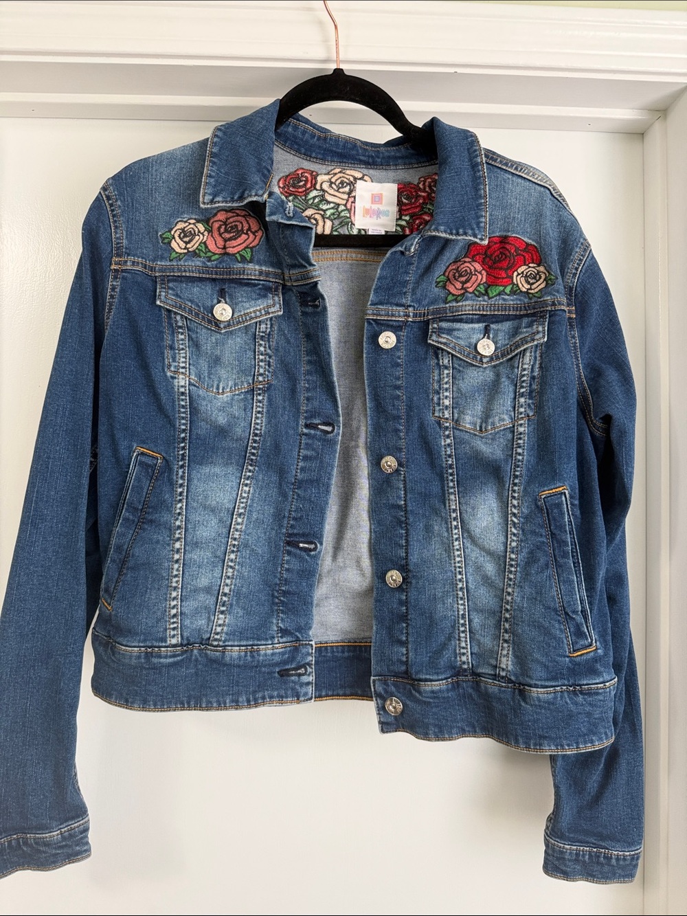 LuLaRoe Blue Denim Jacket with Rose Embroidery